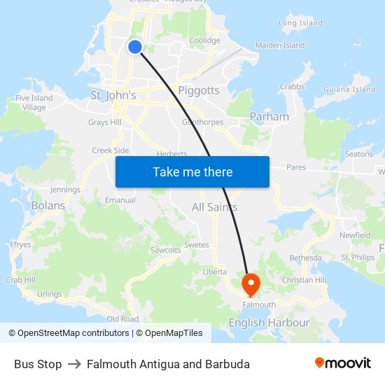 Bus Stop to Falmouth Antigua and Barbuda map