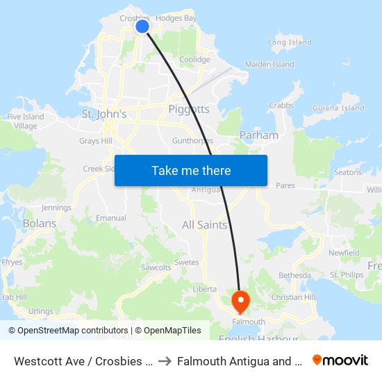 Westcott Ave / Crosbies Main Rd to Falmouth Antigua and Barbuda map