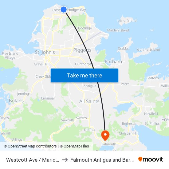 Westcott Ave / Marion St to Falmouth Antigua and Barbuda map