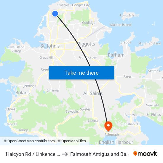 Halcyon Rd / Linkencel Trail to Falmouth Antigua and Barbuda map