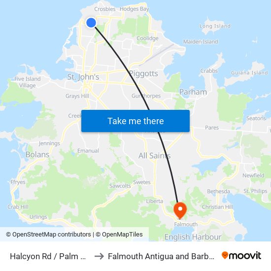 Halcyon Rd / Palm Dve to Falmouth Antigua and Barbuda map