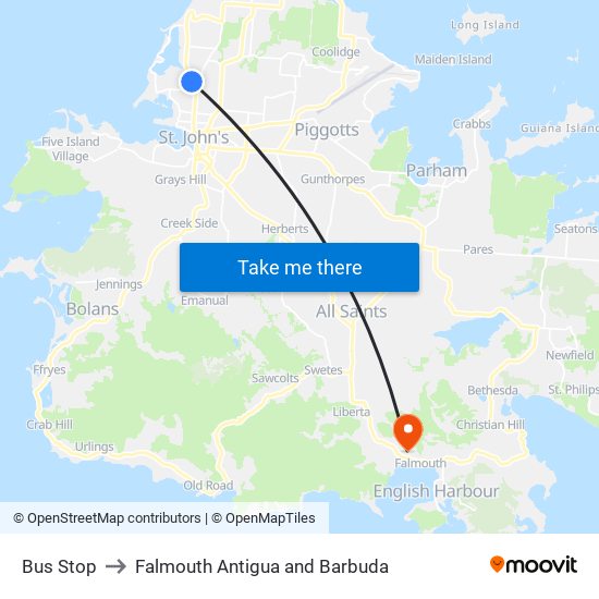 Bus Stop to Falmouth Antigua and Barbuda map