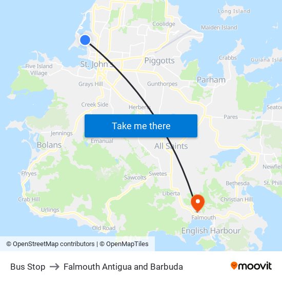 Bus Stop to Falmouth Antigua and Barbuda map