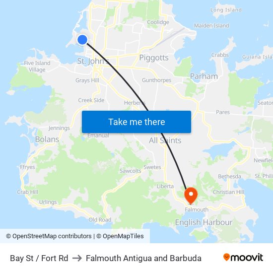 Bay St / Fort Rd to Falmouth Antigua and Barbuda map