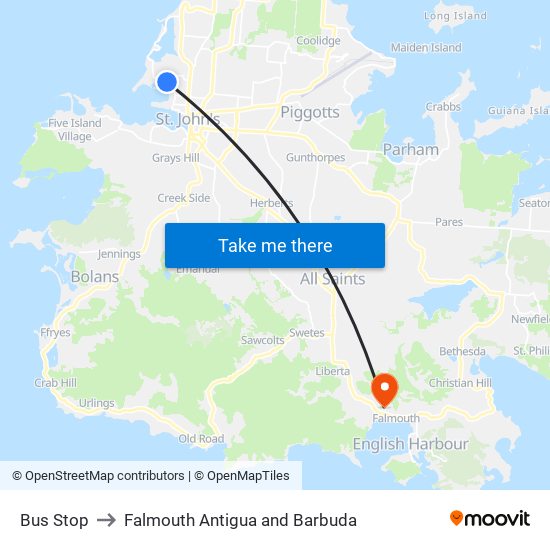 Bus Stop to Falmouth Antigua and Barbuda map