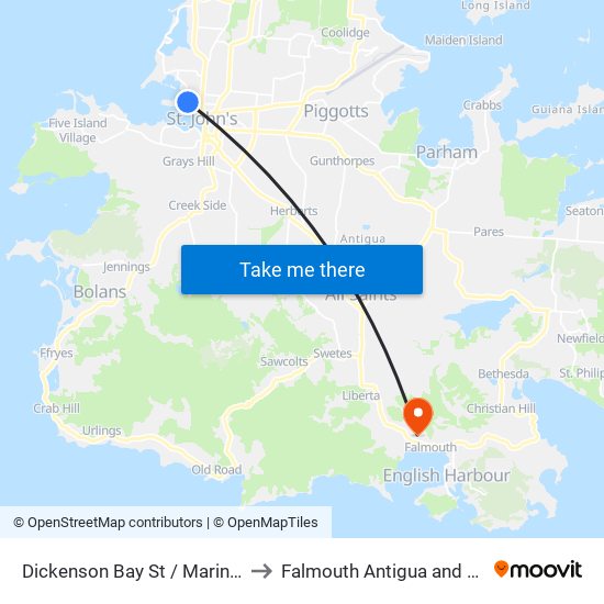 Dickenson Bay St / Mariners Lane to Falmouth Antigua and Barbuda map