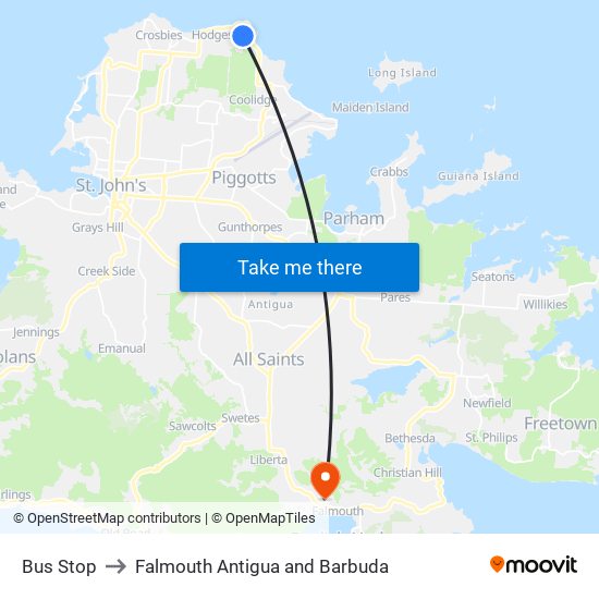 Bus Stop to Falmouth Antigua and Barbuda map