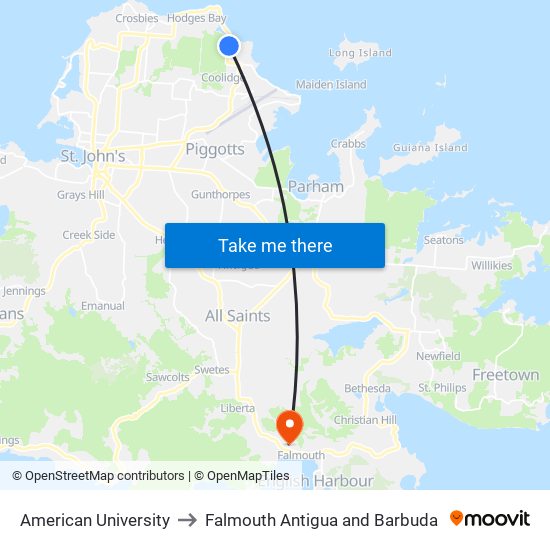 American University to Falmouth Antigua and Barbuda map