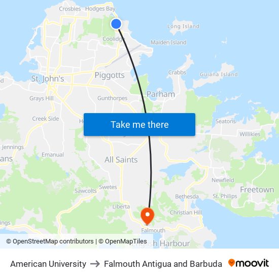 American University to Falmouth Antigua and Barbuda map