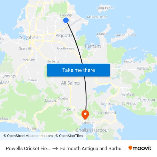 Powells Cricket Field to Falmouth Antigua and Barbuda map