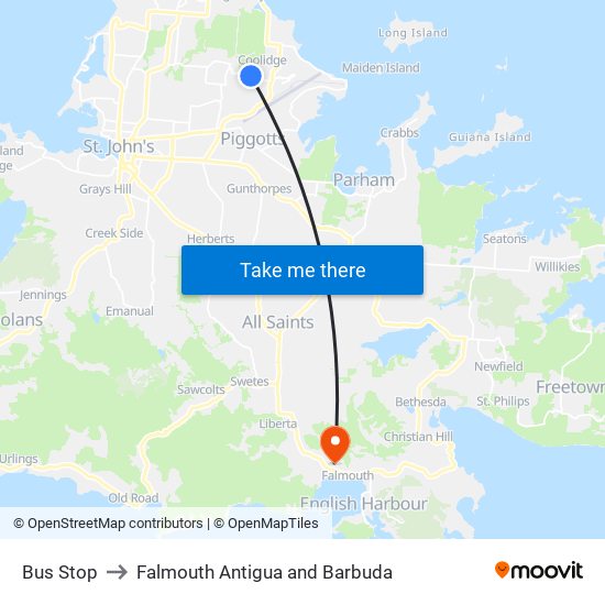 Bus Stop to Falmouth Antigua and Barbuda map