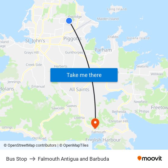 Bus Stop to Falmouth Antigua and Barbuda map