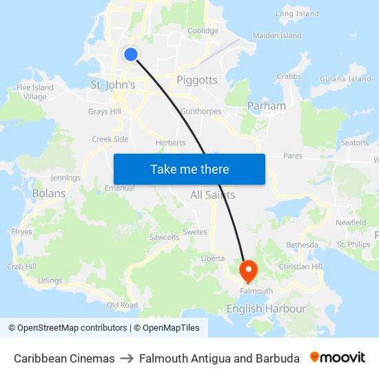 Caribbean Cinemas to Falmouth Antigua and Barbuda map