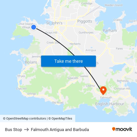 Bus Stop to Falmouth Antigua and Barbuda map