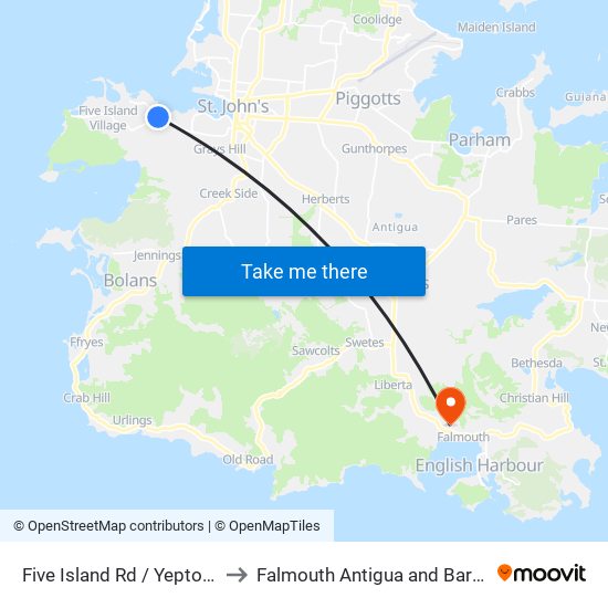 Five Island Rd / Yepton Rd to Falmouth Antigua and Barbuda map