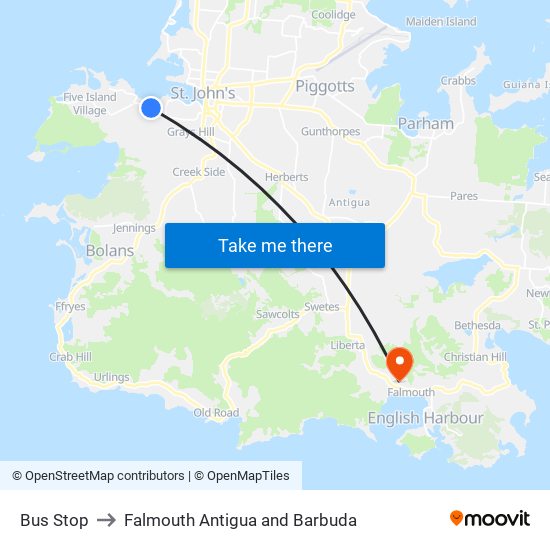 Bus Stop to Falmouth Antigua and Barbuda map