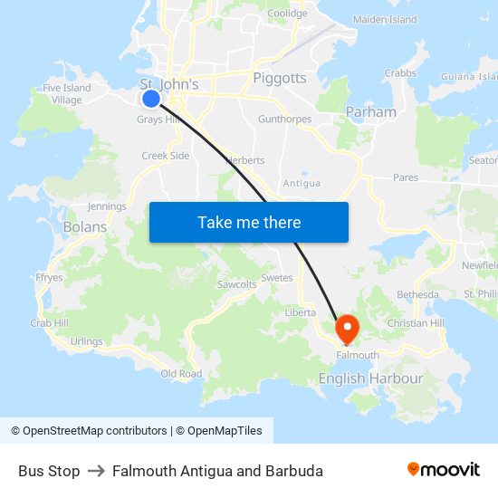 Bus Stop to Falmouth Antigua and Barbuda map