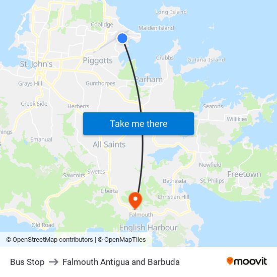 Bus Stop to Falmouth Antigua and Barbuda map