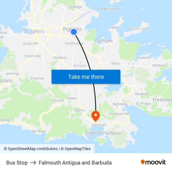 Bus Stop to Falmouth Antigua and Barbuda map