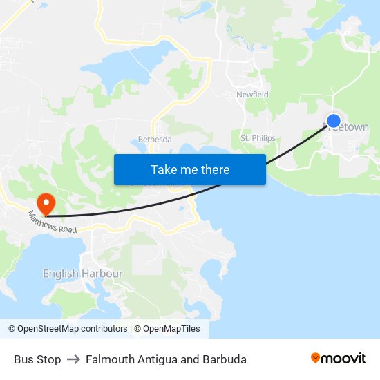 Bus Stop to Falmouth Antigua and Barbuda map