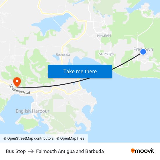 Bus Stop to Falmouth Antigua and Barbuda map