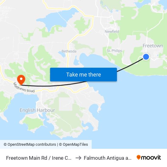 Freetown Main Rd / Irene Carlos Highway to Falmouth Antigua and Barbuda map