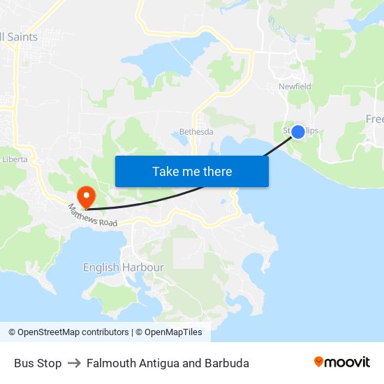 Bus Stop to Falmouth Antigua and Barbuda map