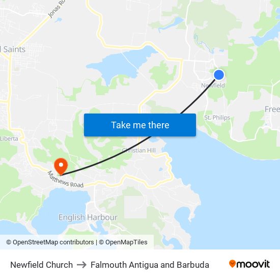 Newfield Church to Falmouth Antigua and Barbuda map