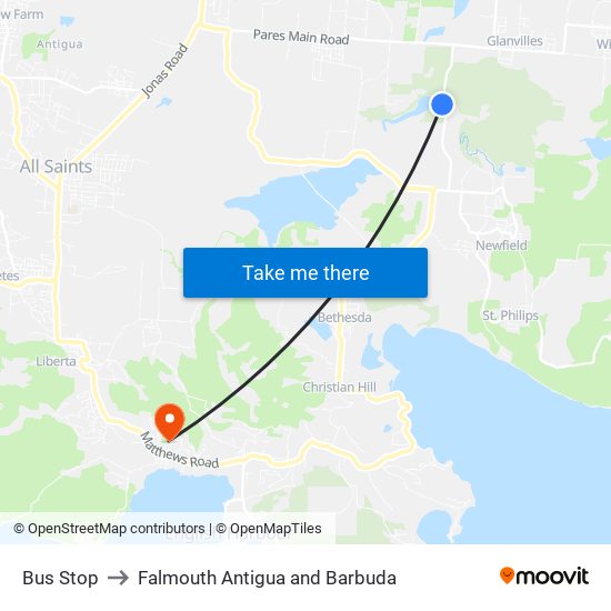 Bus Stop to Falmouth Antigua and Barbuda map