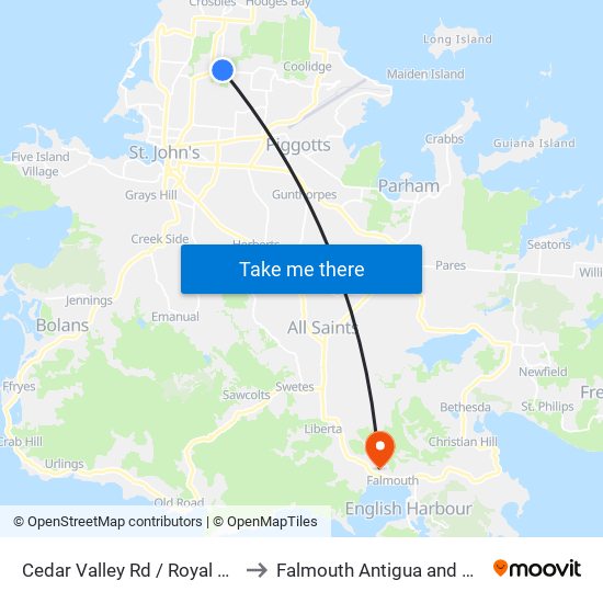 Cedar Valley Rd / Royal Palm Rd to Falmouth Antigua and Barbuda map