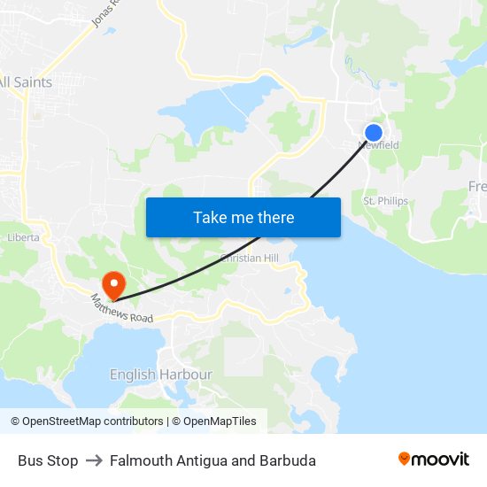 Bus Stop to Falmouth Antigua and Barbuda map