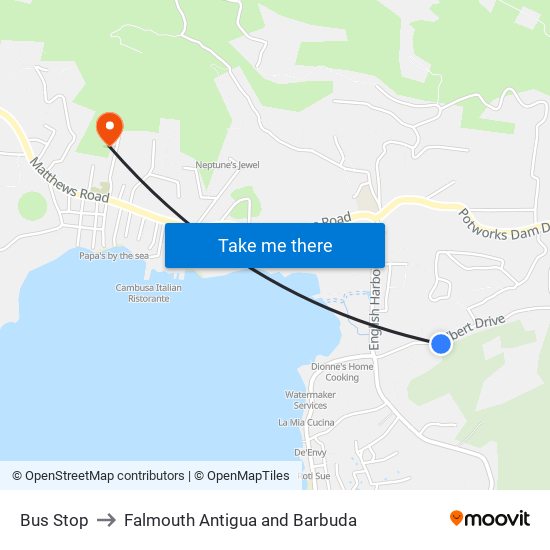 Bus Stop to Falmouth Antigua and Barbuda map