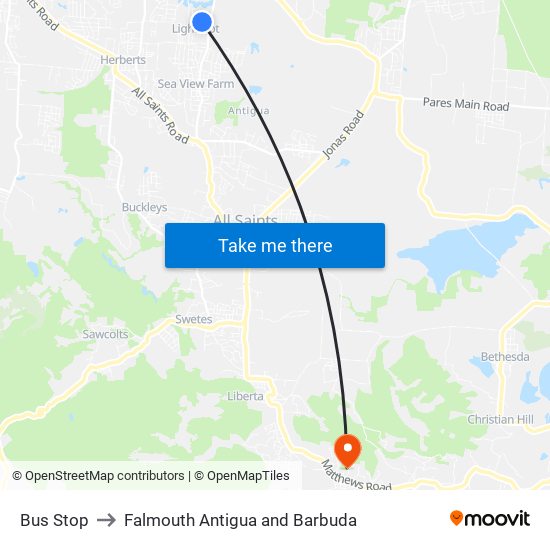 Bus Stop to Falmouth Antigua and Barbuda map