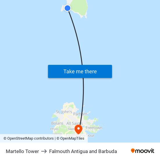 Martello Tower to Falmouth Antigua and Barbuda map