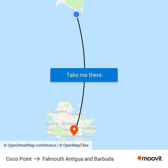 Coco Point to Falmouth Antigua and Barbuda map
