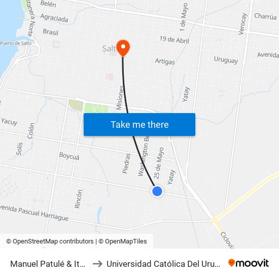 Manuel Patulé & Ituzaingó to Universidad Católica Del Uruguay, Salto map