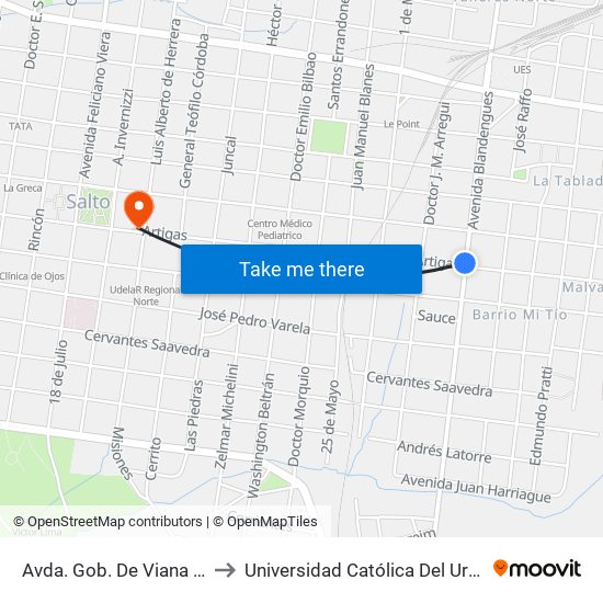 Avda. Gob. De Viana & Artigas to Universidad Católica Del Uruguay, Salto map