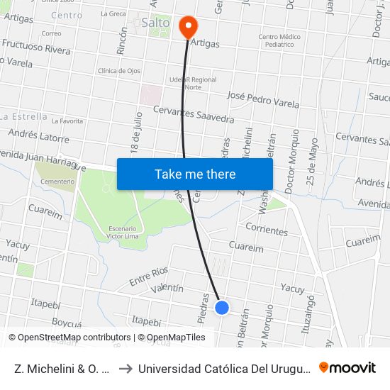 Z. Michelini & O. Lanza to Universidad Católica Del Uruguay, Salto map