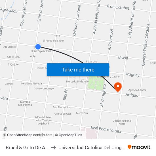 Brasil & Grito De Asencio to Universidad Católica Del Uruguay, Salto map