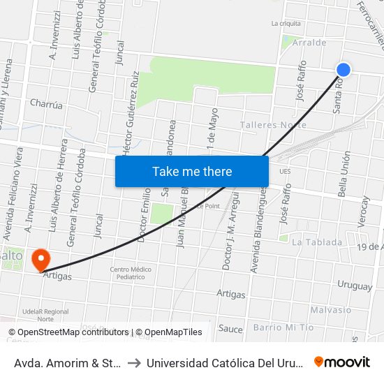 Avda. Amorim & Sta. Rosa to Universidad Católica Del Uruguay, Salto map