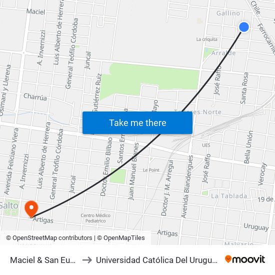 Maciel & San Eugenio to Universidad Católica Del Uruguay, Salto map