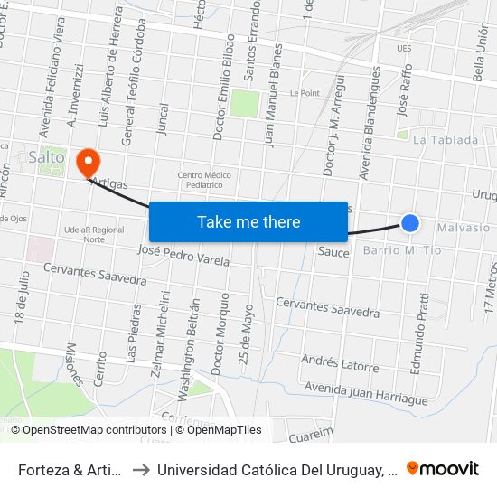 Forteza & Artigas to Universidad Católica Del Uruguay, Salto map