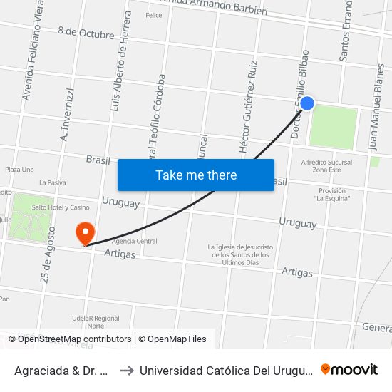 Agraciada & Dr. Bilbao to Universidad Católica Del Uruguay, Salto map