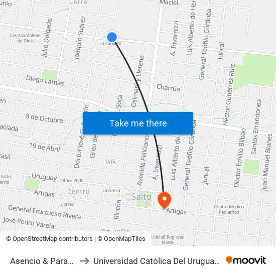 Asencio & Paraguay to Universidad Católica Del Uruguay, Salto map