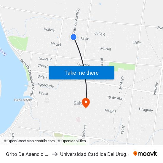 Grito De Asencio & Chile to Universidad Católica Del Uruguay, Salto map