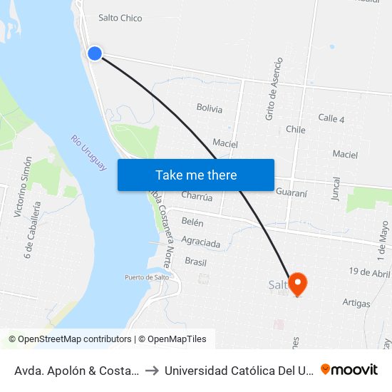 Avda. Apolón & Costanera Norte to Universidad Católica Del Uruguay, Salto map