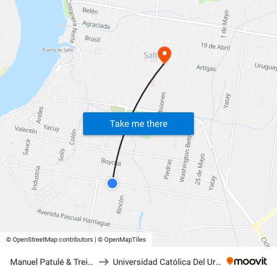 Manuel Patulé & Treinta Y Tres to Universidad Católica Del Uruguay, Salto map