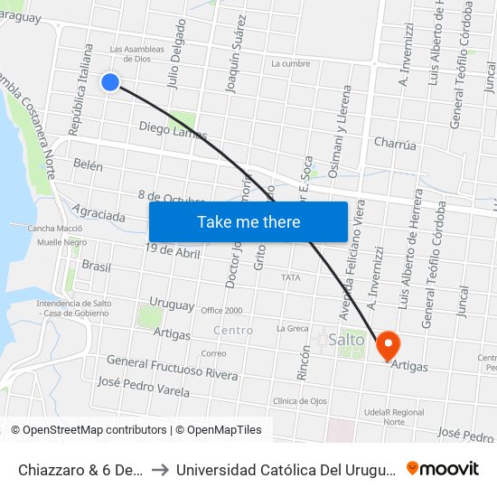 Chiazzaro & 6 De Abril to Universidad Católica Del Uruguay, Salto map