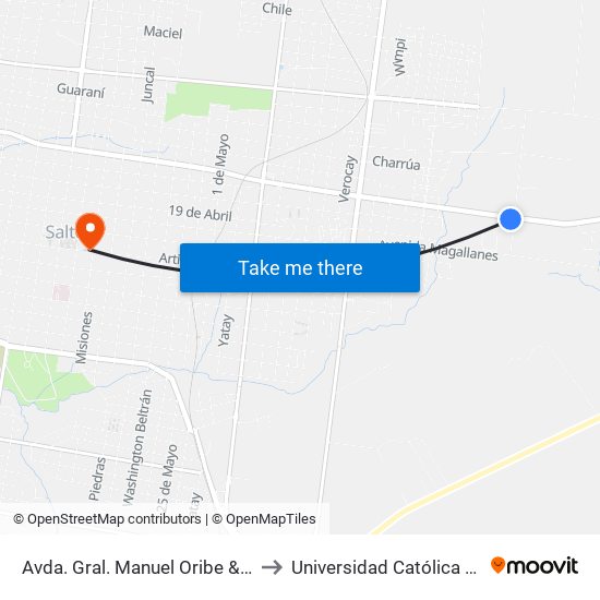 Avda. Gral. Manuel Oribe & Avda. Arenal Grande to Universidad Católica Del Uruguay, Salto map