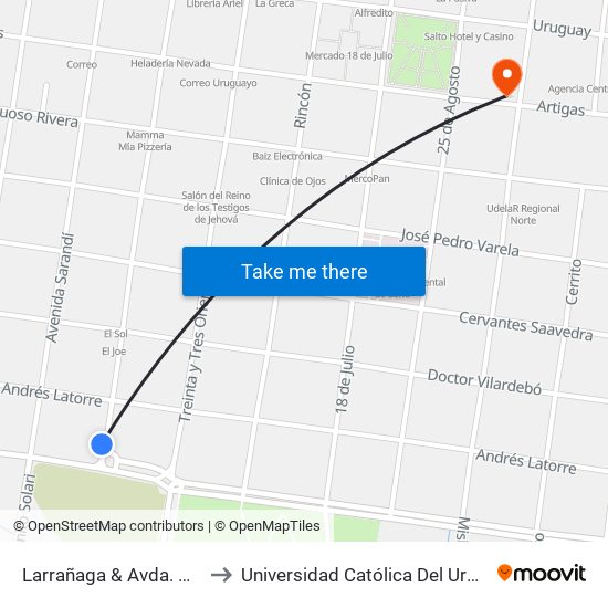 Larrañaga & Avda. Harriague to Universidad Católica Del Uruguay, Salto map